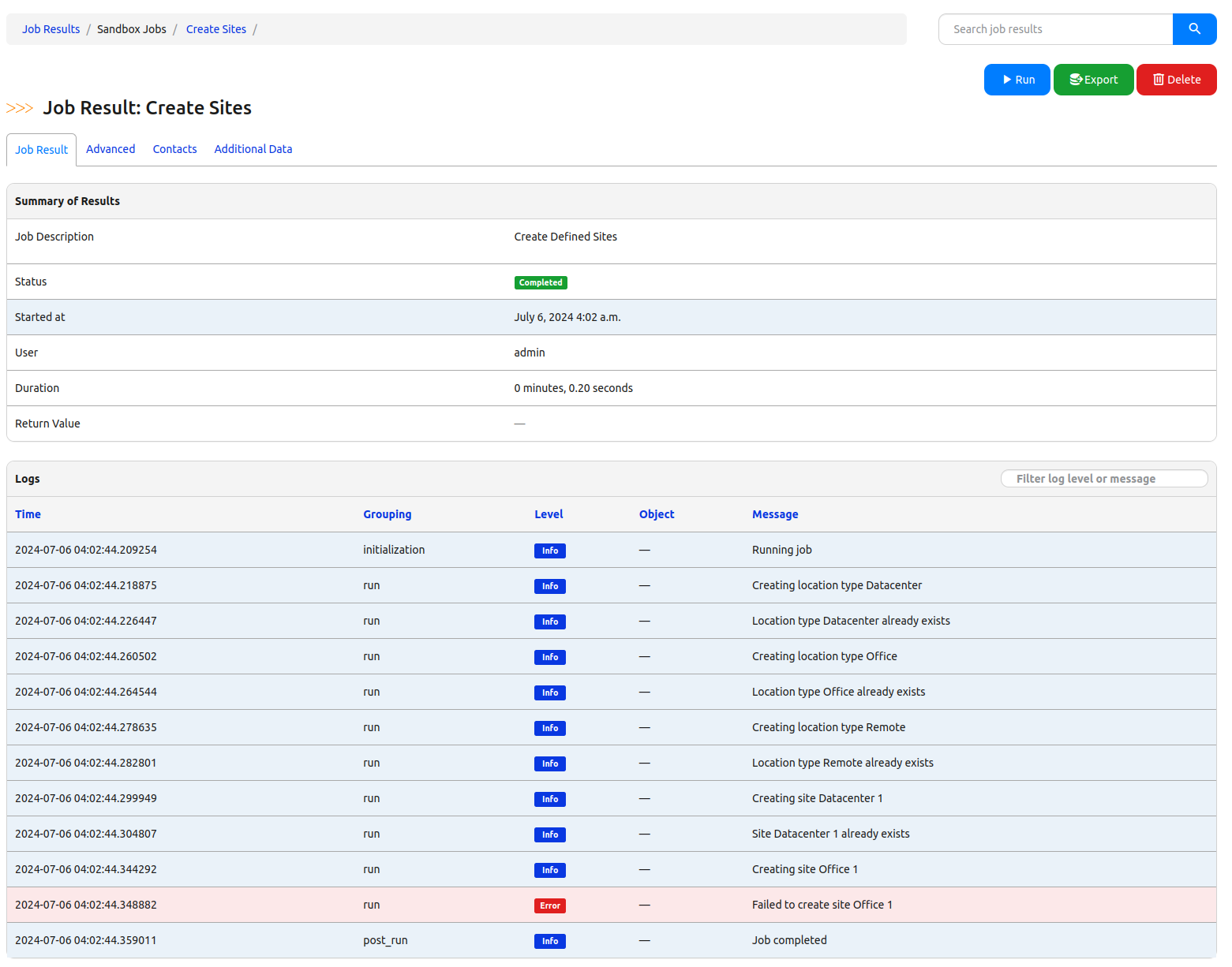 Job Result with Error