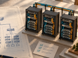 A network blueprint becoming three miniature equipment racks, illustrating a repeatable network design.
